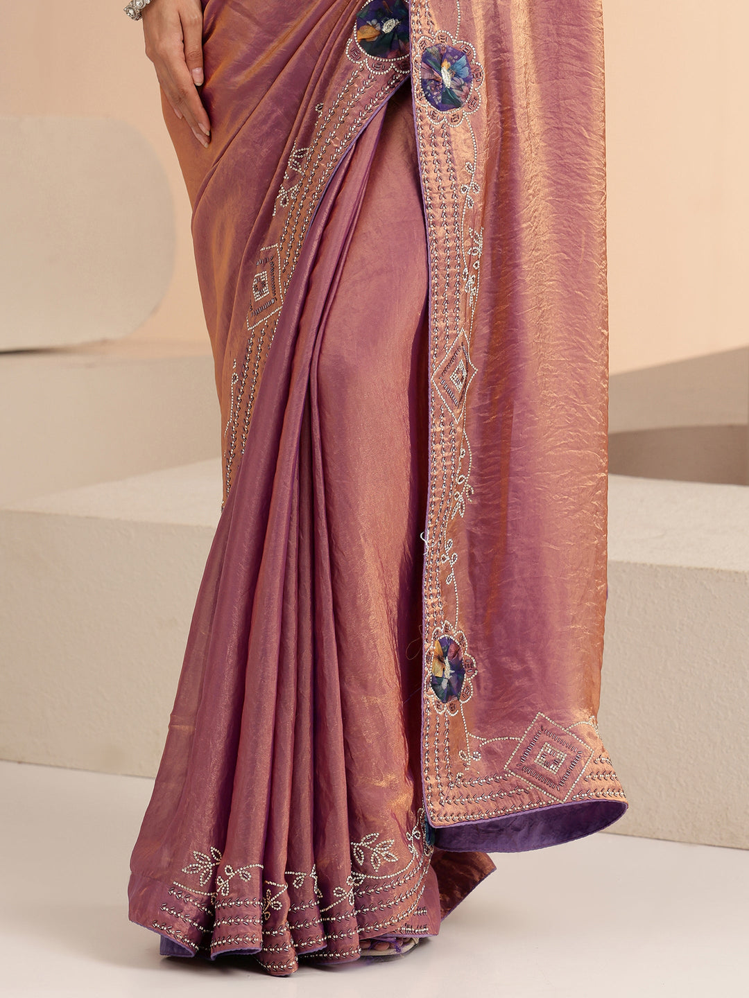 Libas Purple Floral Embellished Silk Blend Saree