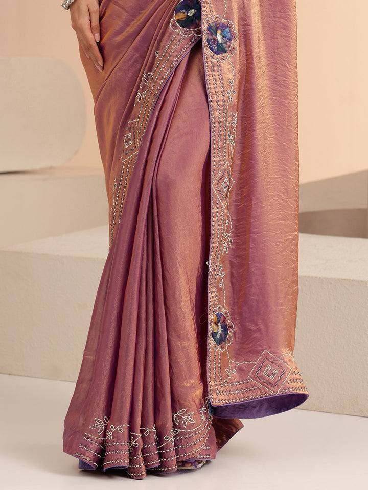 Libas Purple Floral Embellished Silk Blend Saree