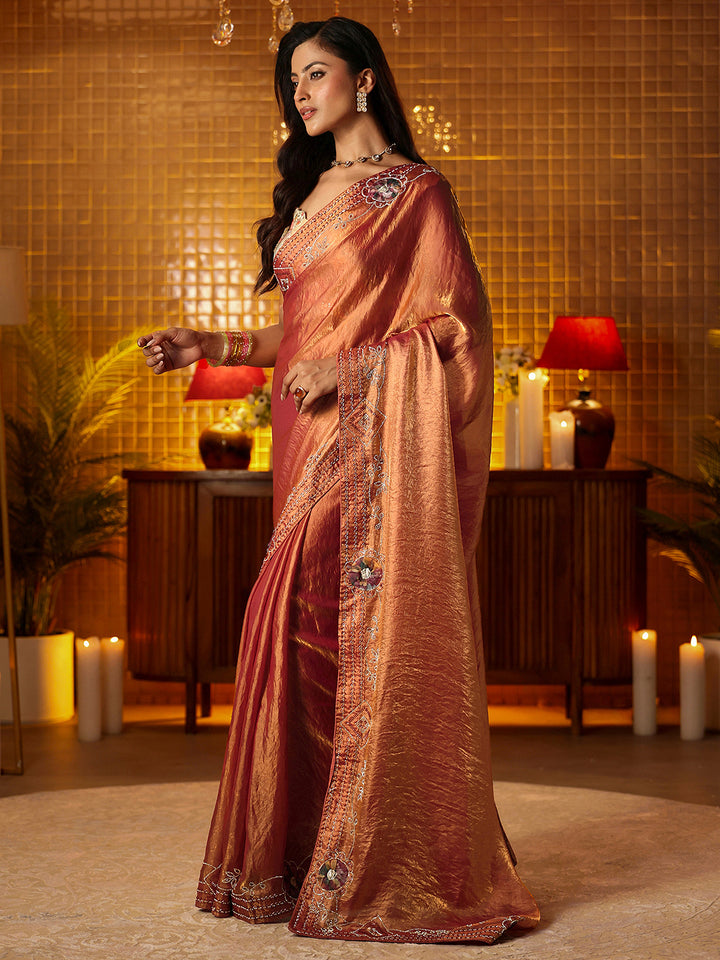 Libas Peach Silk Blend Saree with Floral Border