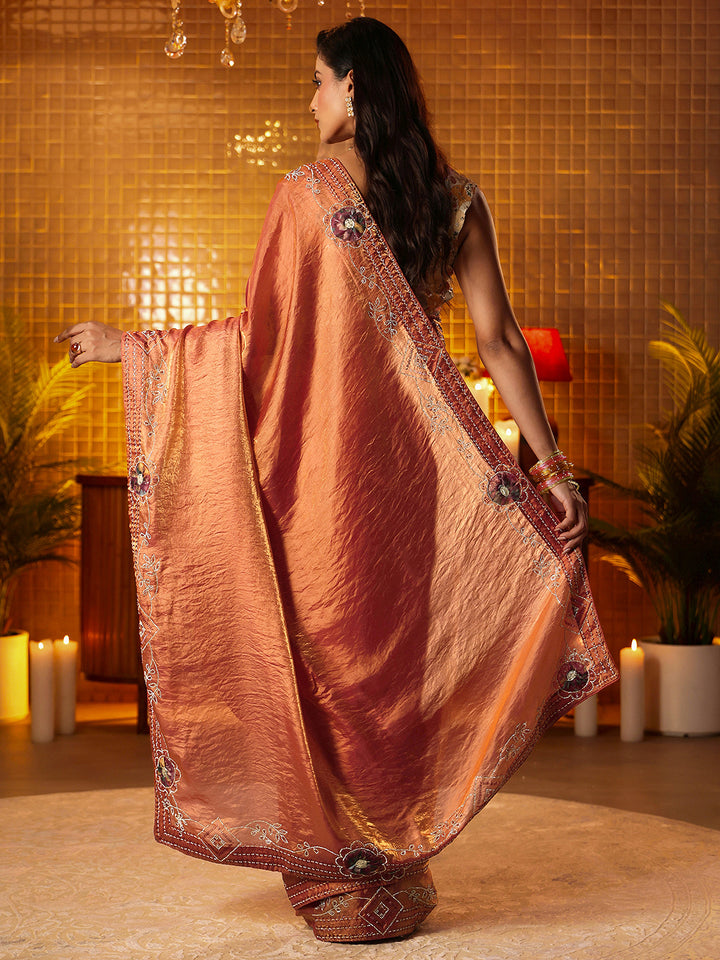 Libas Peach Silk Blend Saree with Floral Border