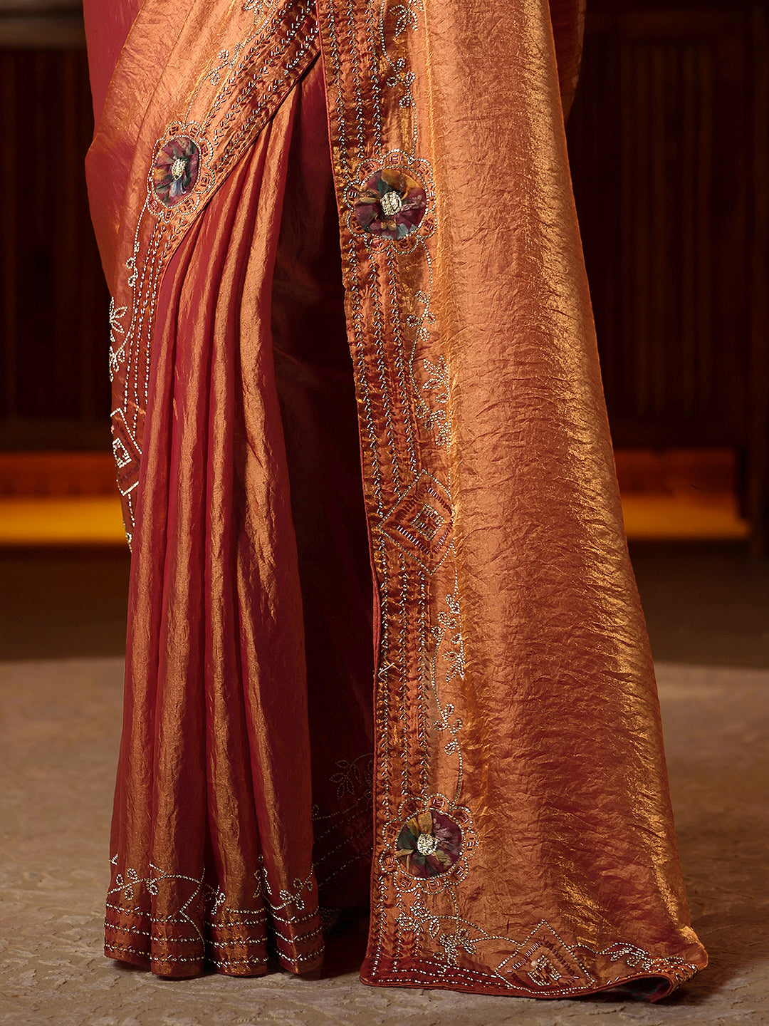Libas Peach Silk Blend Saree with Floral Border
