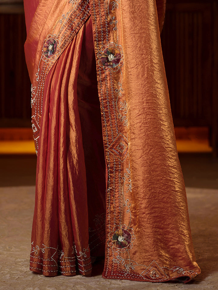 Libas Peach Silk Blend Saree with Floral Border