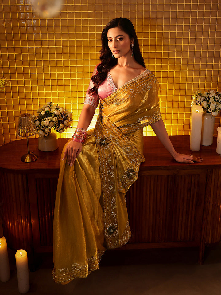 Libas Mustard Silk Blend Saree with Floral Border