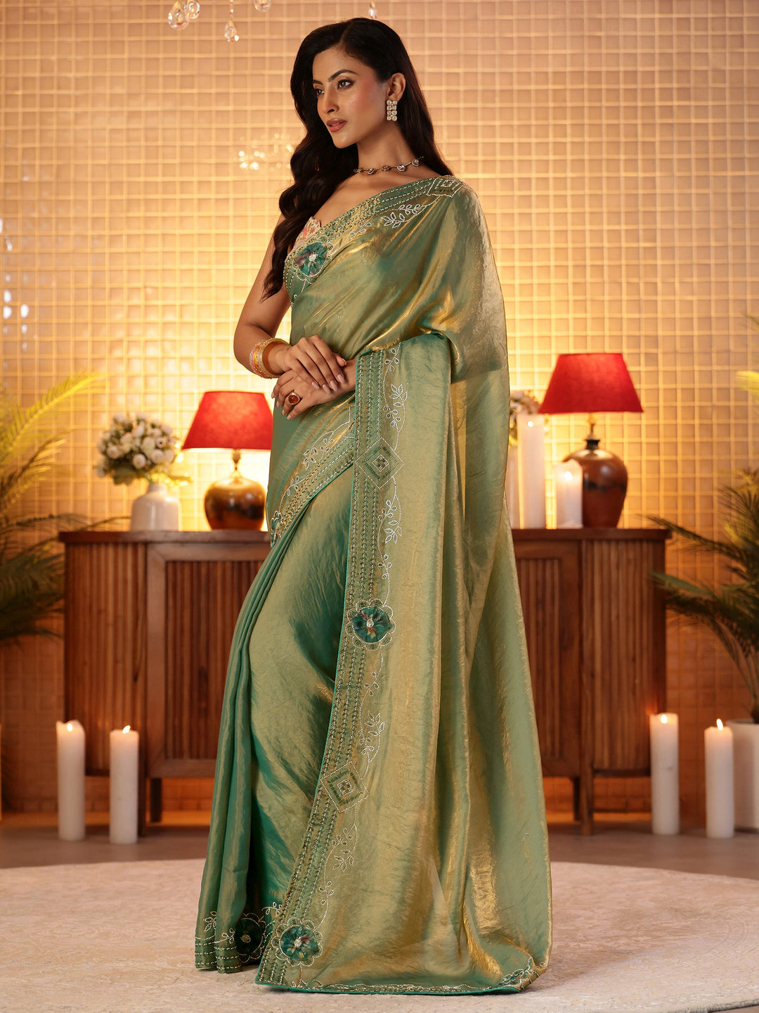 Sage Green Silk Blend Saree with Floral Border
