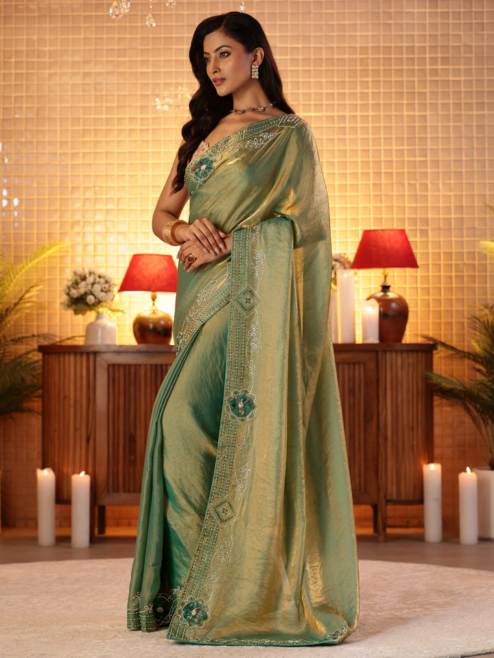 Sage Green Silk Blend Saree with Floral Border