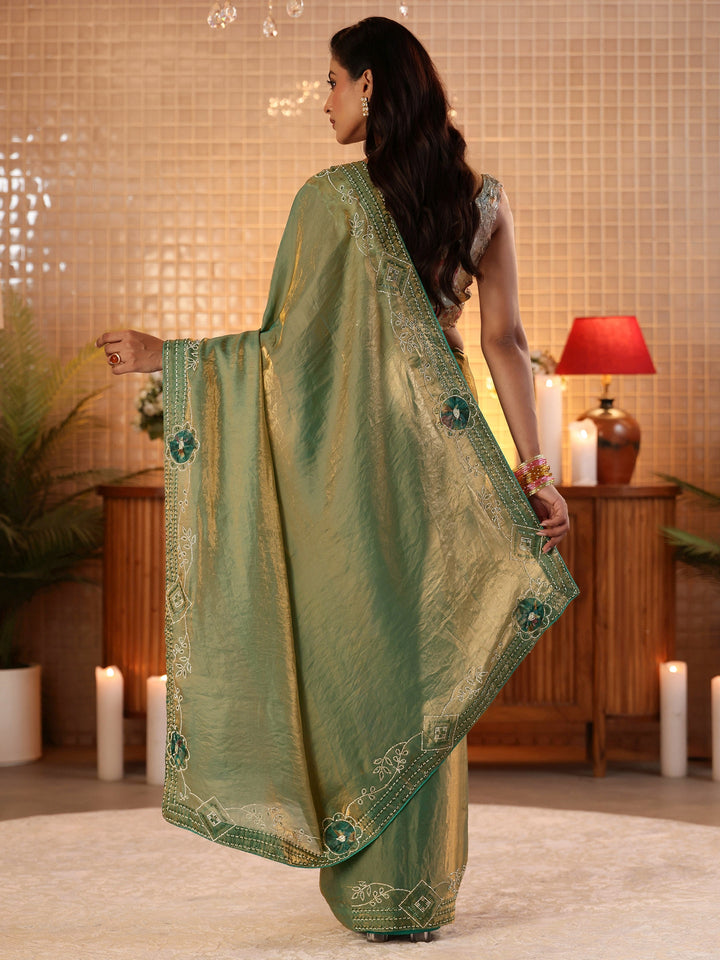 Sage Green Silk Blend Saree with Floral Border