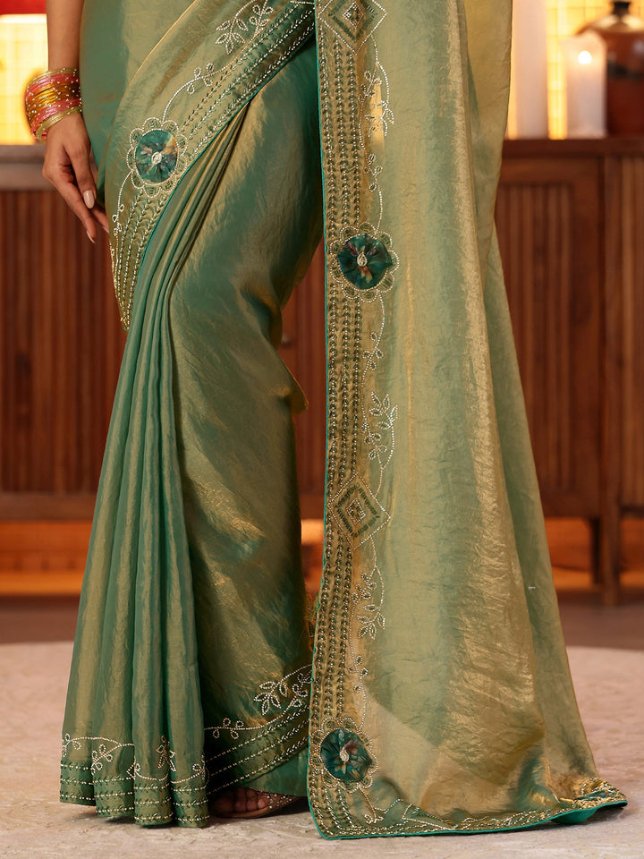 Sage Green Silk Blend Saree with Floral Border