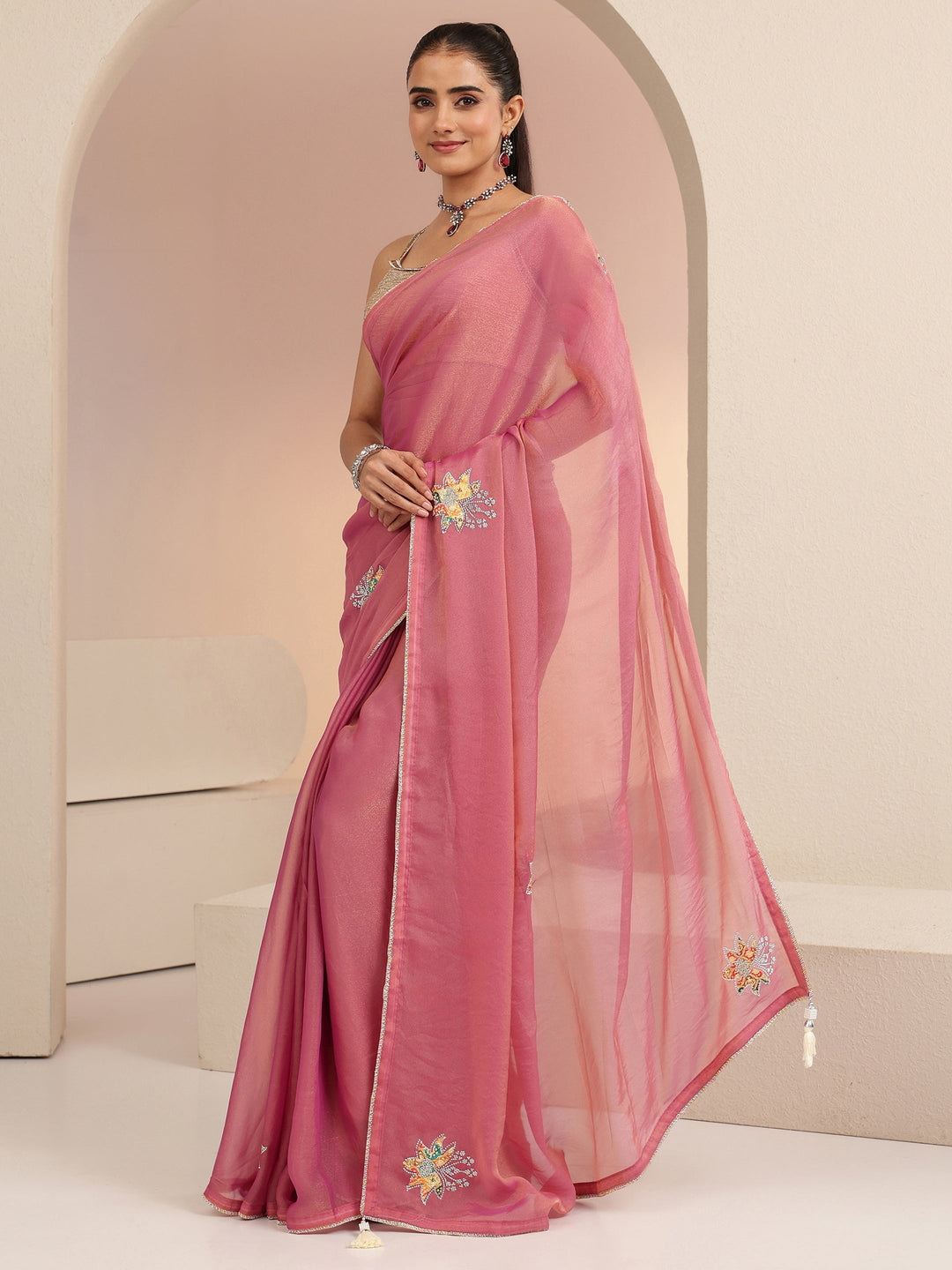 Libas Rose Pink Embellished Silk Blend Saree