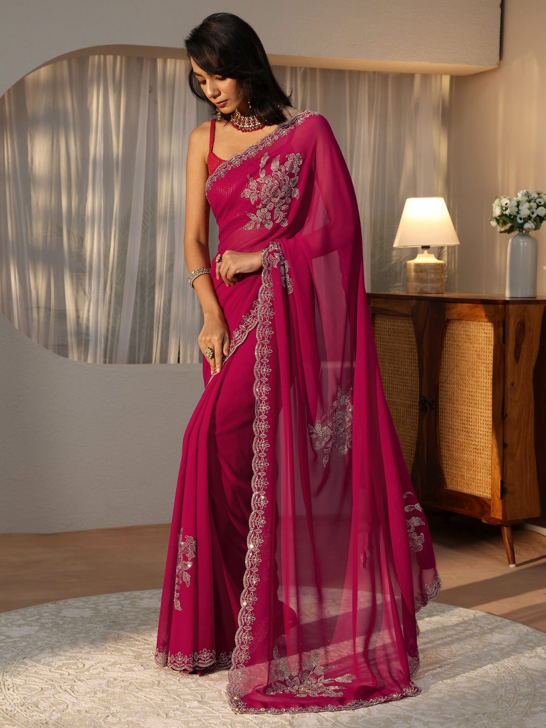 Rani Pink Floral Embellished Georgette Saree