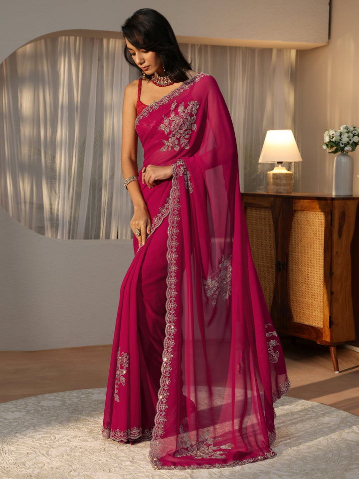 Rani Pink Floral Embellished Georgette Saree
