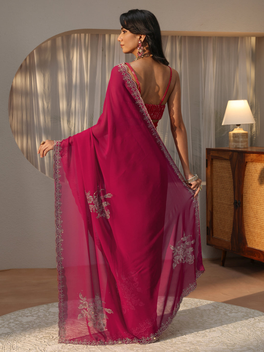 Rani Pink Floral Embellished Georgette Saree