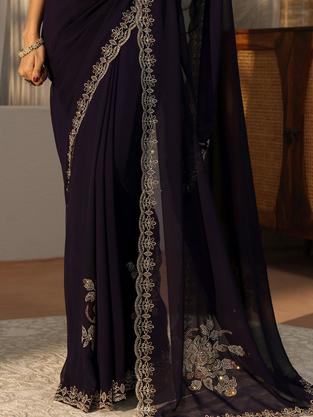 Purple Floral Embellished Georgette Saree