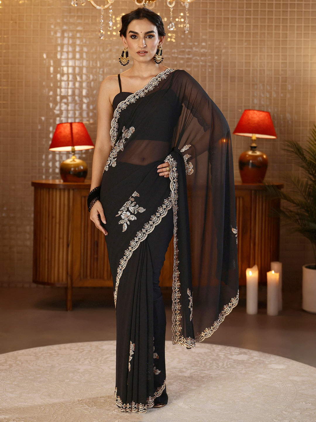 Libas Black Floral Embellished Georgette Saree