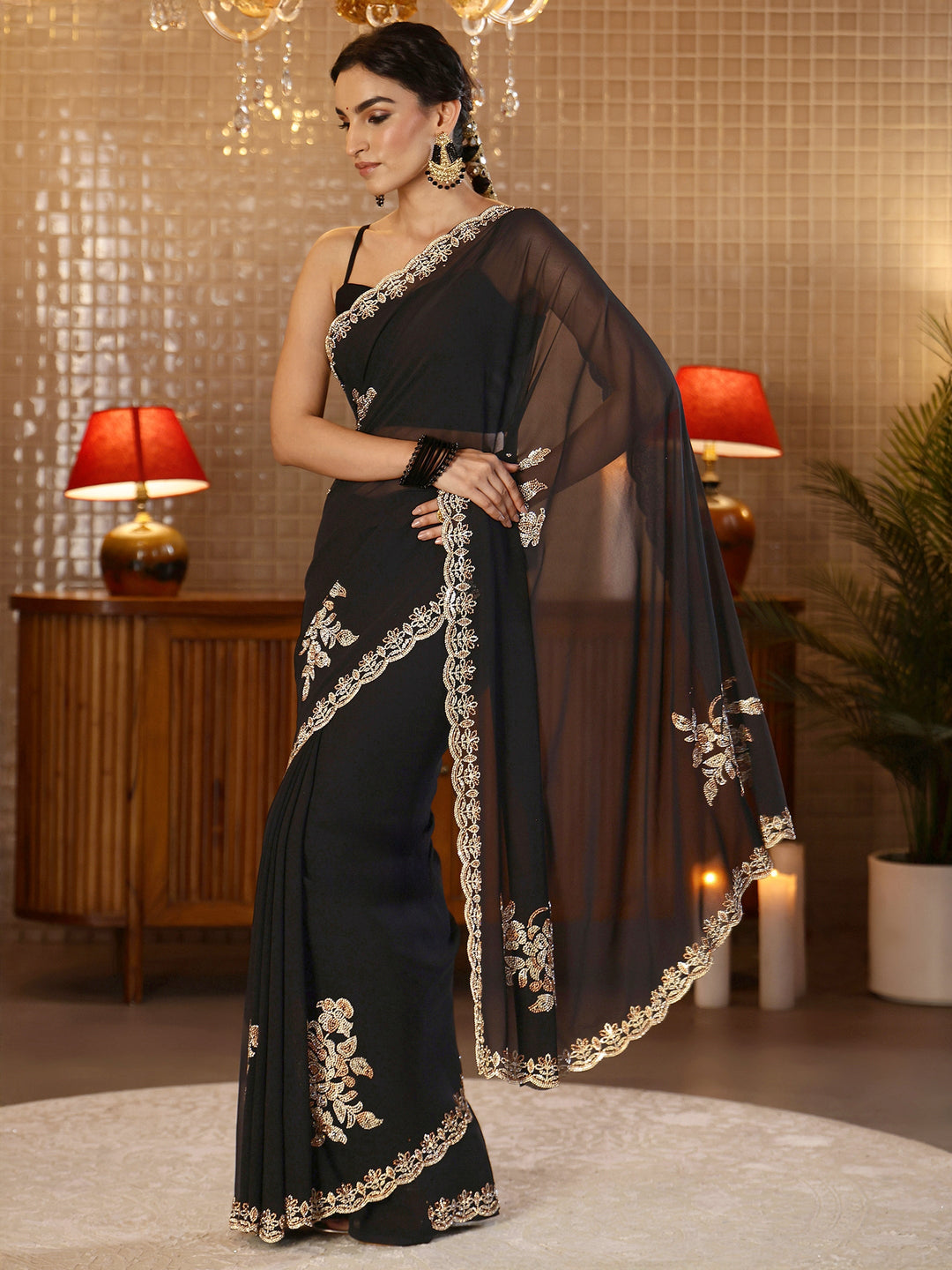Libas Black Floral Embellished Georgette Saree