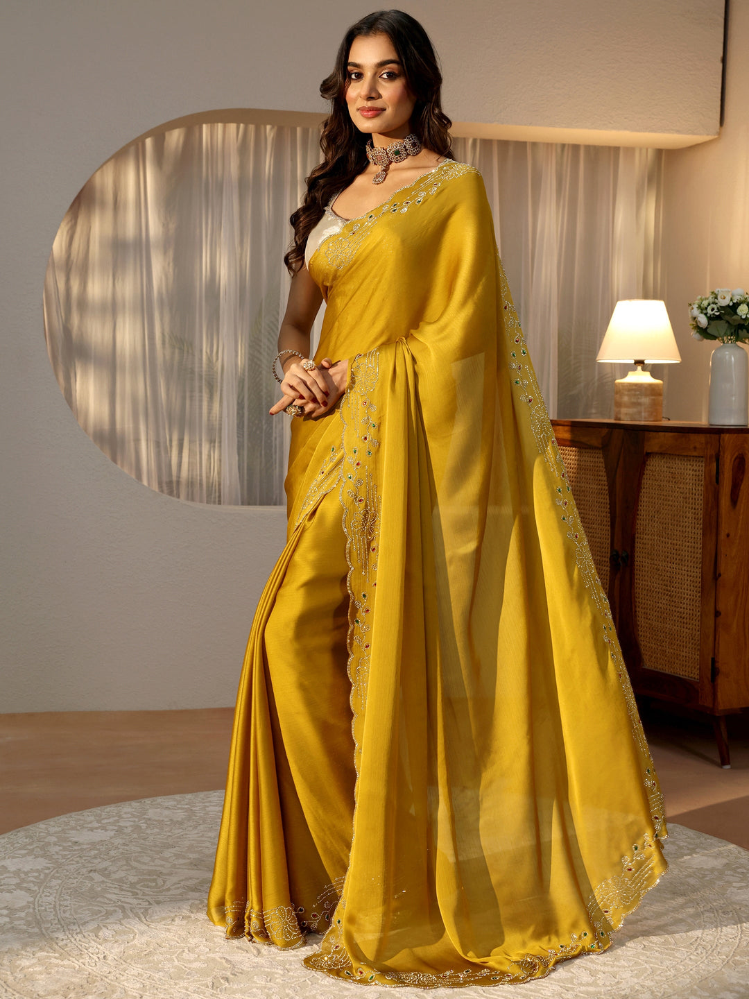 Mustard Silk Blend Saree with Embellished Border