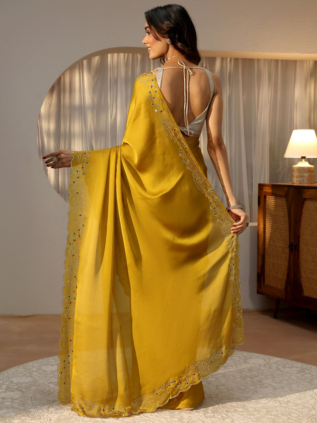 Mustard Silk Blend Saree with Embellished Border