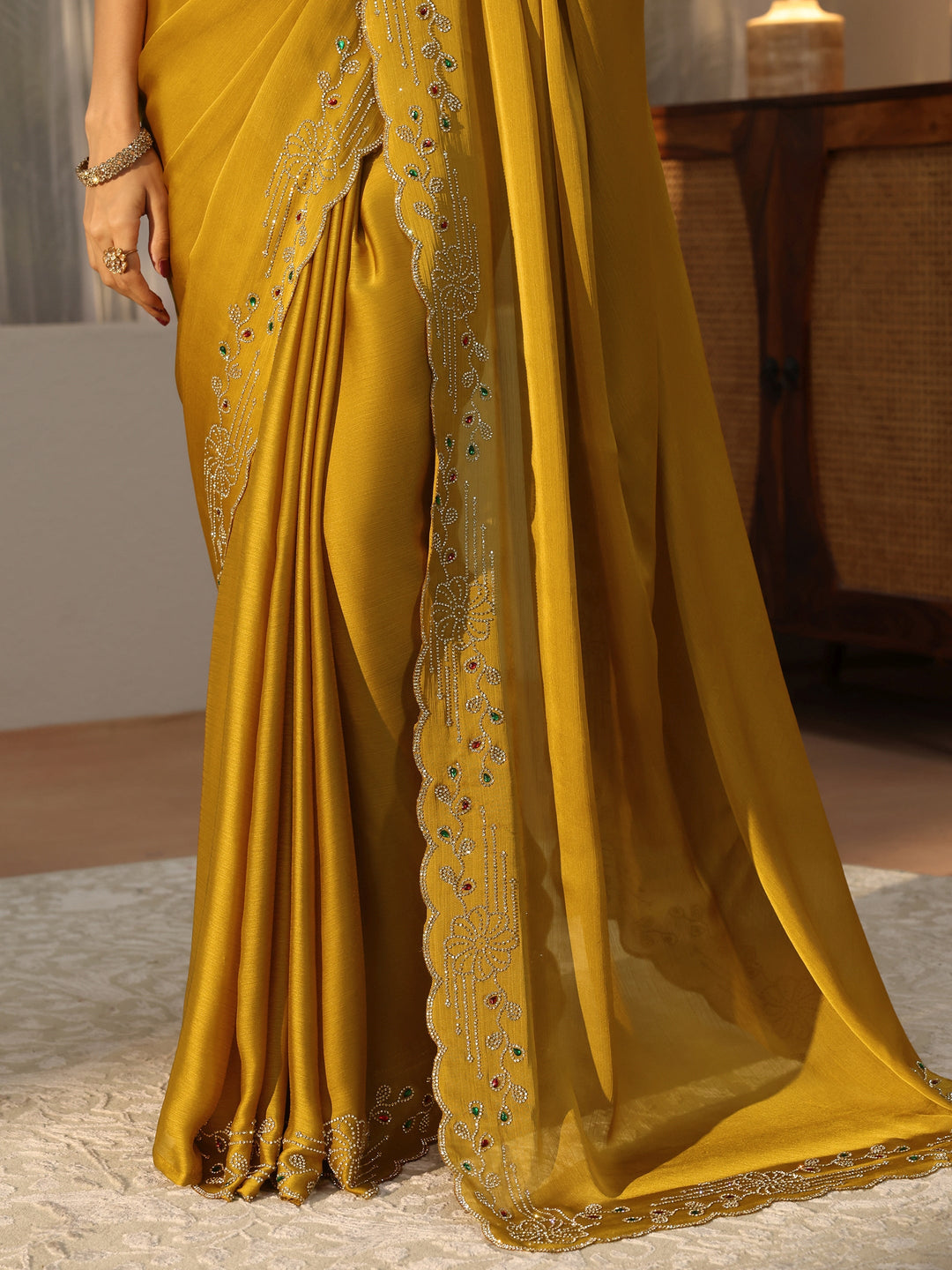 Mustard Silk Blend Saree with Embellished Border