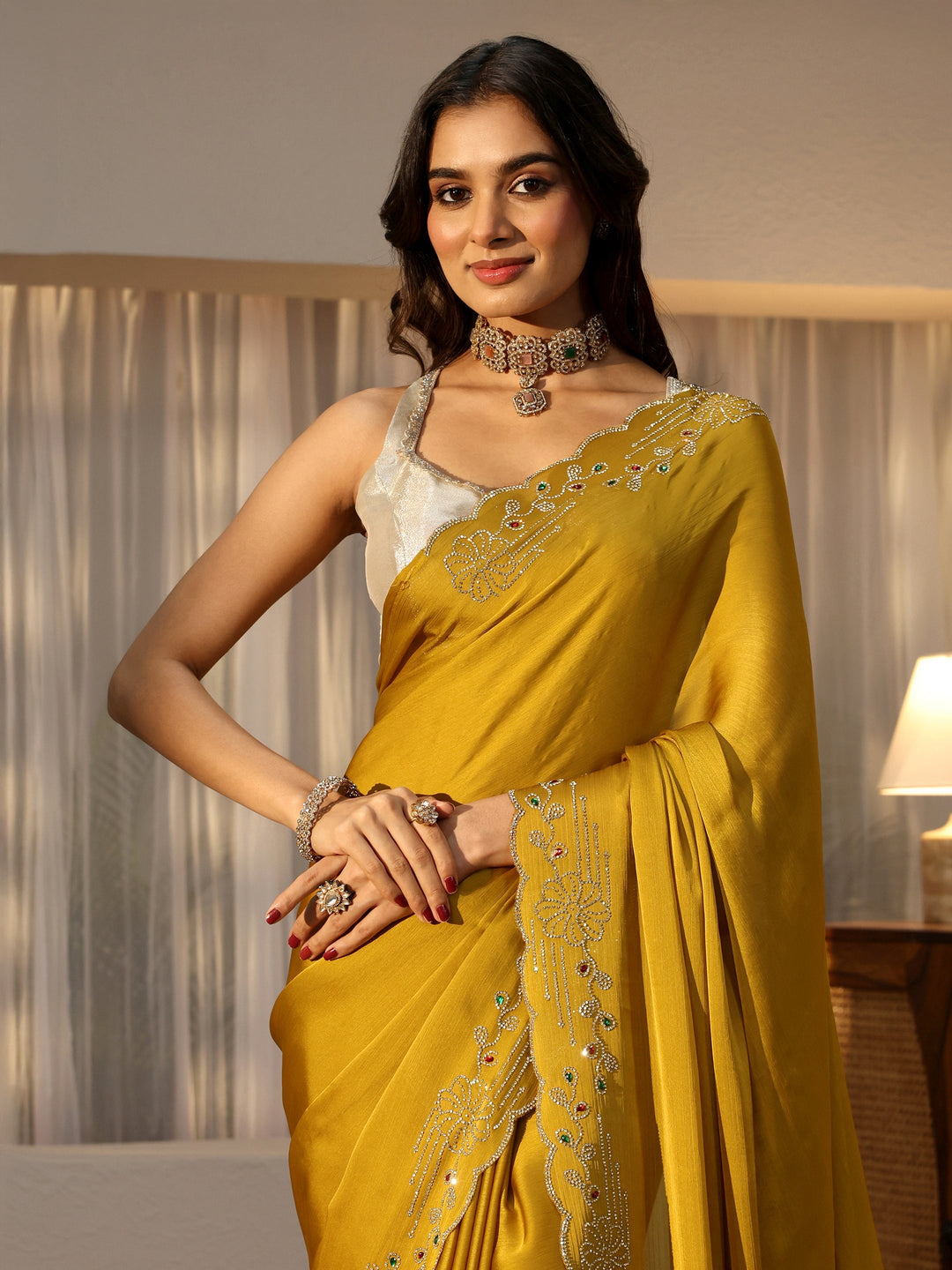 Mustard Silk Blend Saree with Embellished Border