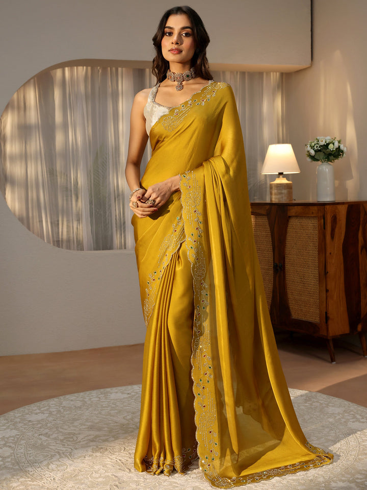 Mustard Silk Blend Saree with Embellished Border
