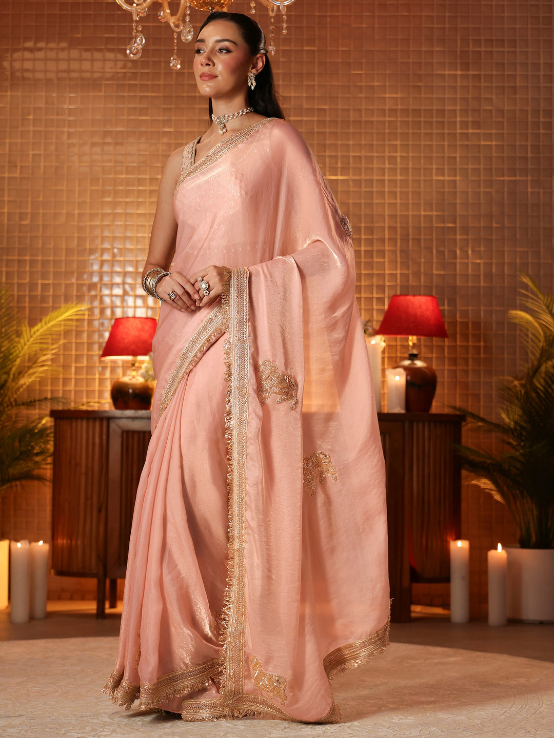 Peach Embellished Silk Blend Saree