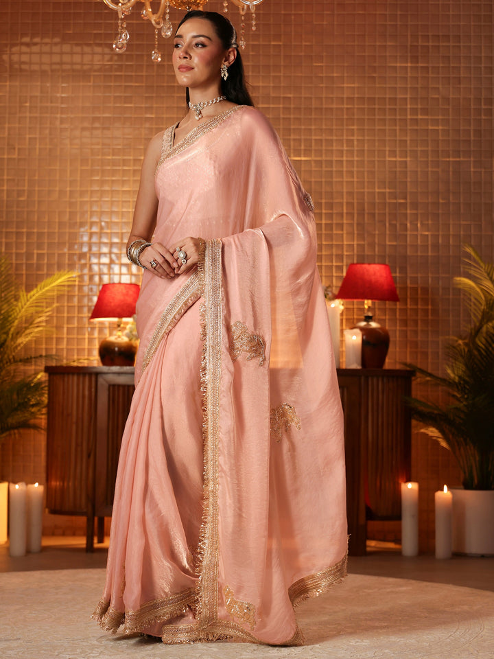 Peach Embellished Silk Blend Saree