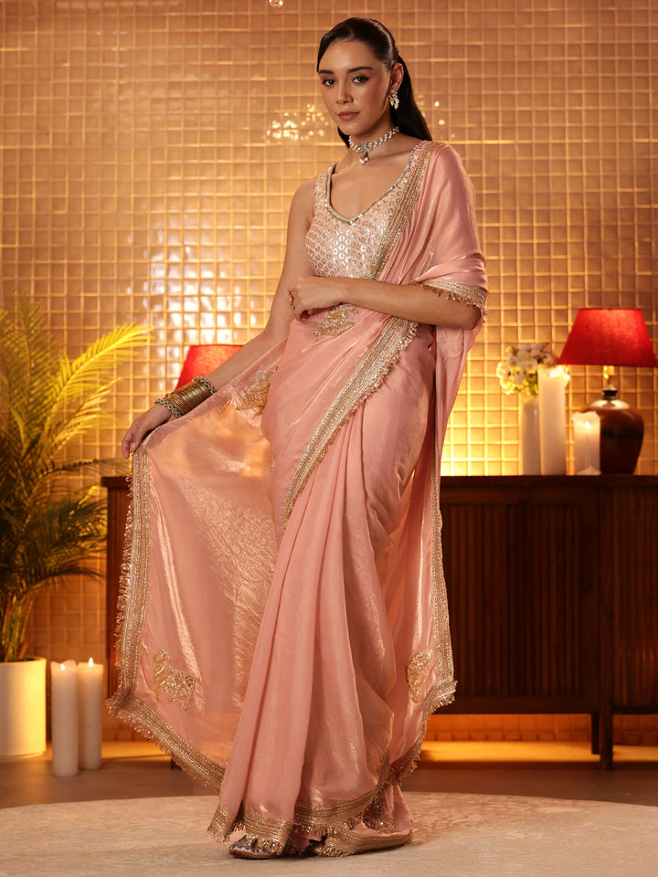 Peach Embellished Silk Blend Saree
