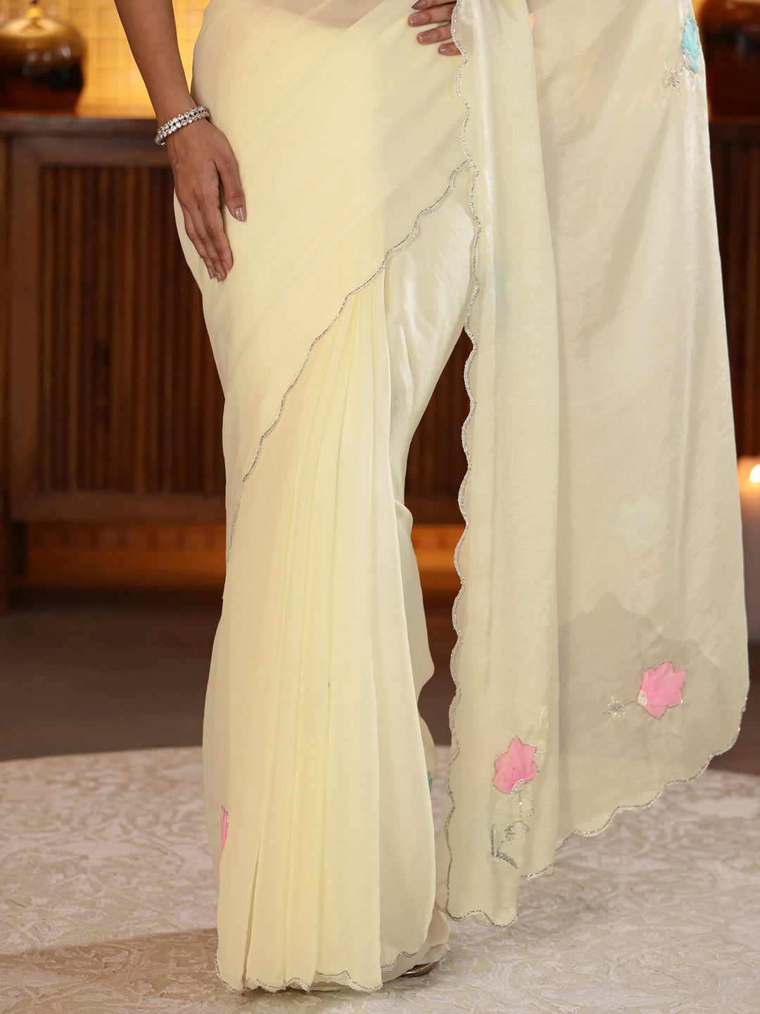 Libas Cream Floral Embellished Silk Blend Saree