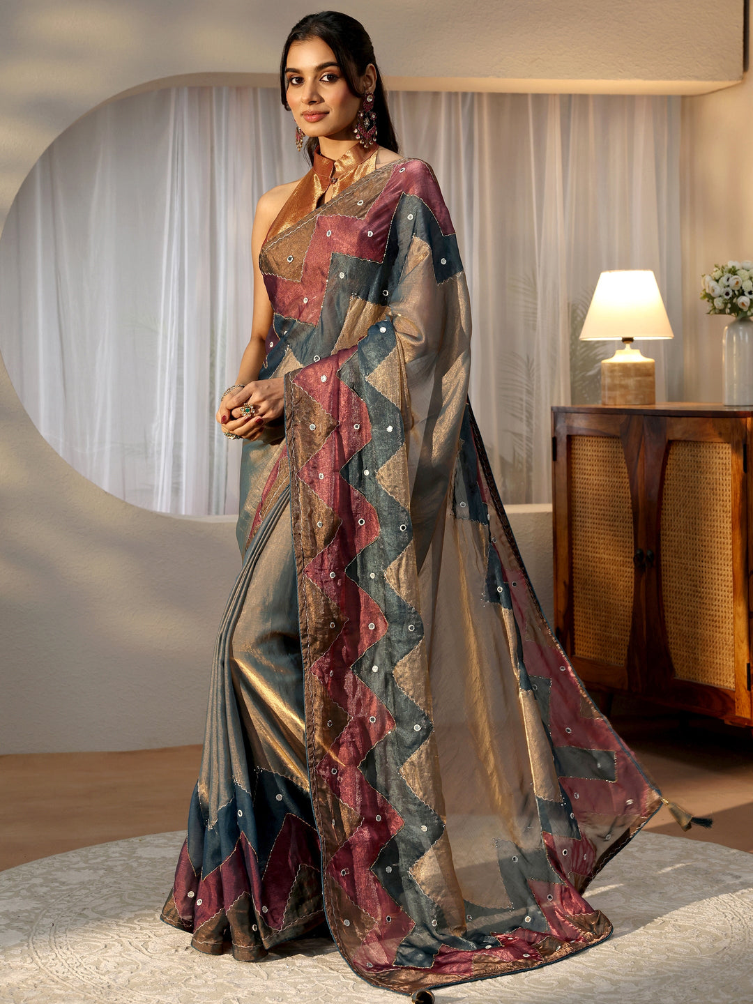 Multi Color Mirror Work Silk Blend Saree