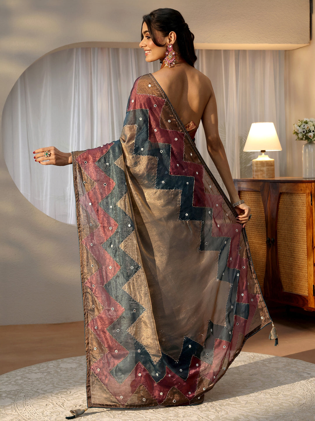 Multi Color Mirror Work Silk Blend Saree