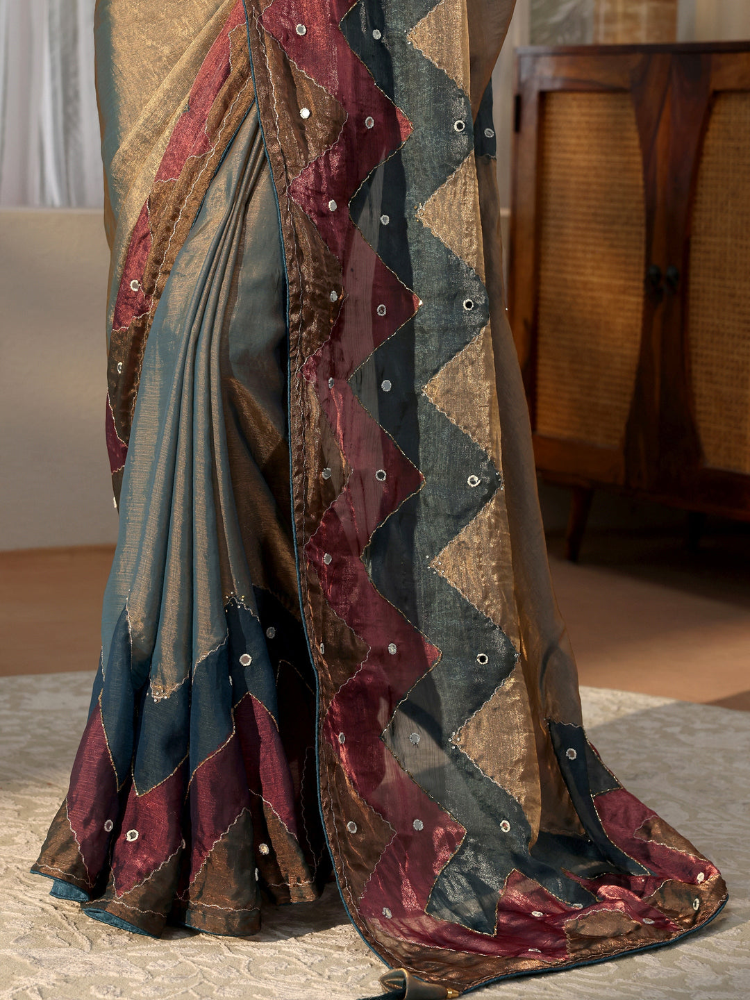 Multi Color Mirror Work Silk Blend Saree