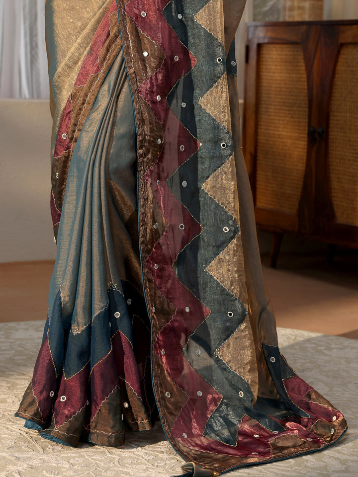 Multi Color Mirror Work Silk Blend Saree
