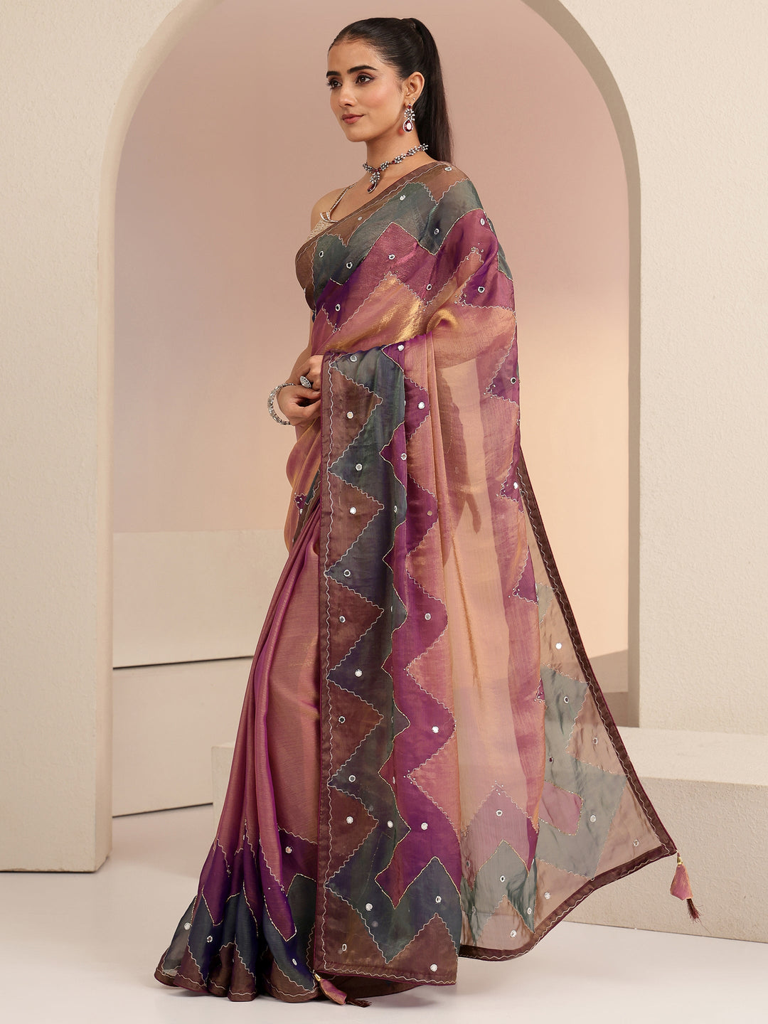 Libas Multi Color Mirror Work Silk Blend Saree