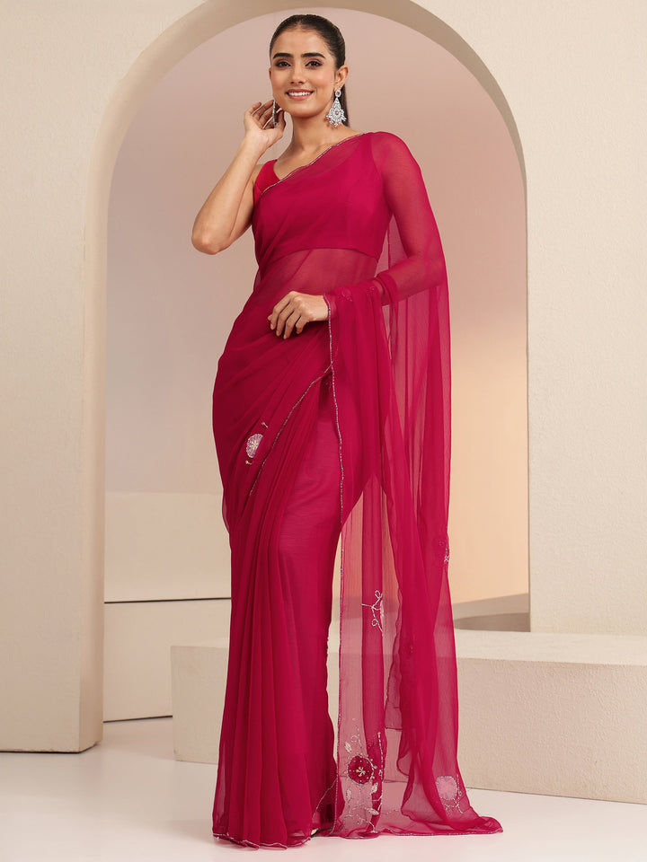 Libas Rani Pink Floral Embellished Chiffon Saree