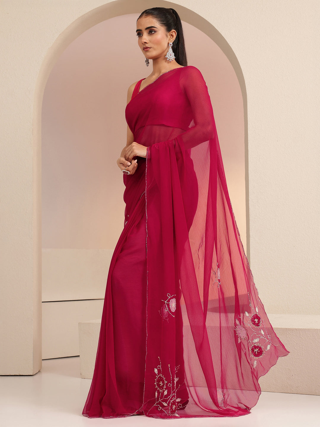 Libas Rani Pink Floral Embellished Chiffon Saree