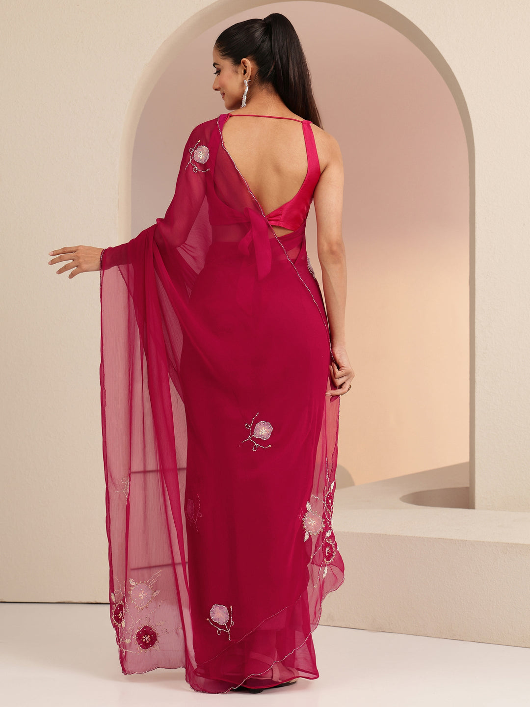 Libas Rani Pink Floral Embellished Chiffon Saree