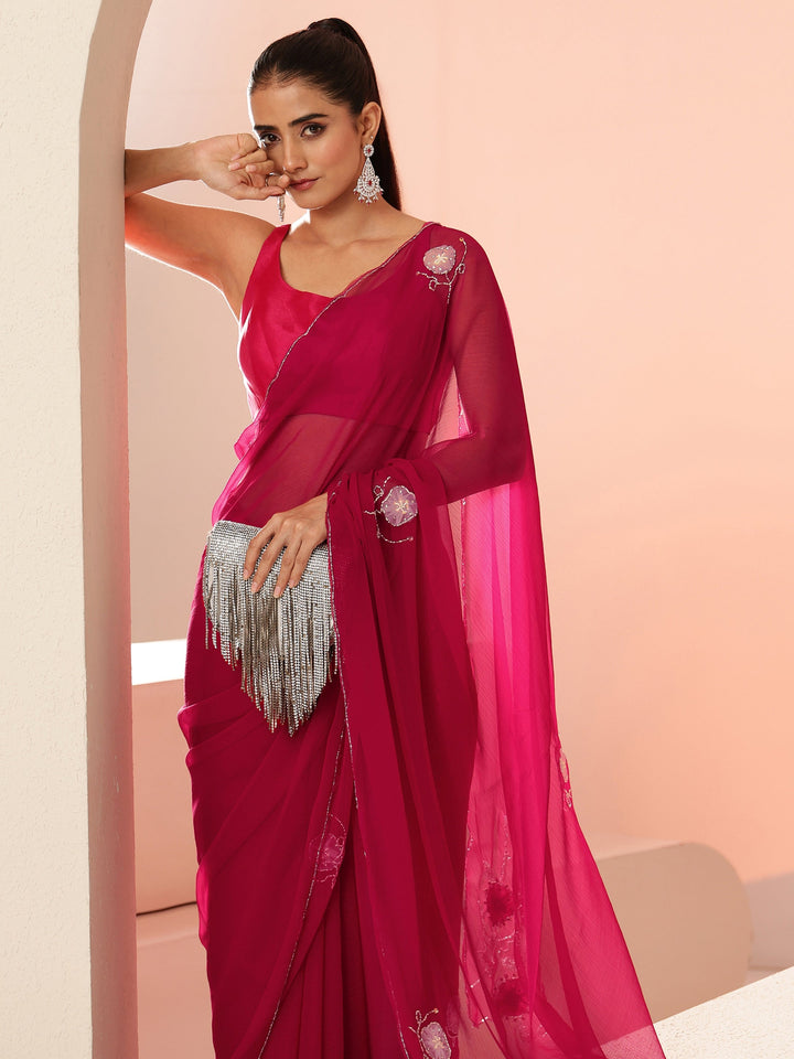 Libas Rani Pink Floral Embellished Chiffon Saree