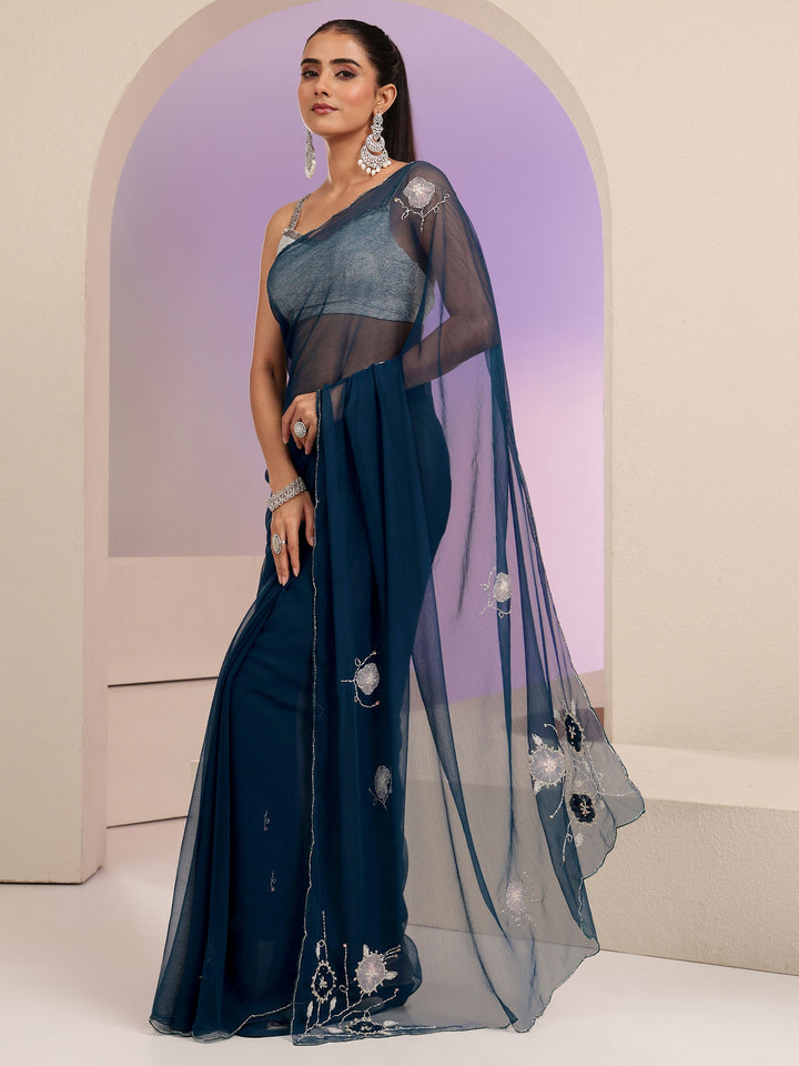 Libas Peacock Blue Floral Embellished Chiffon Saree