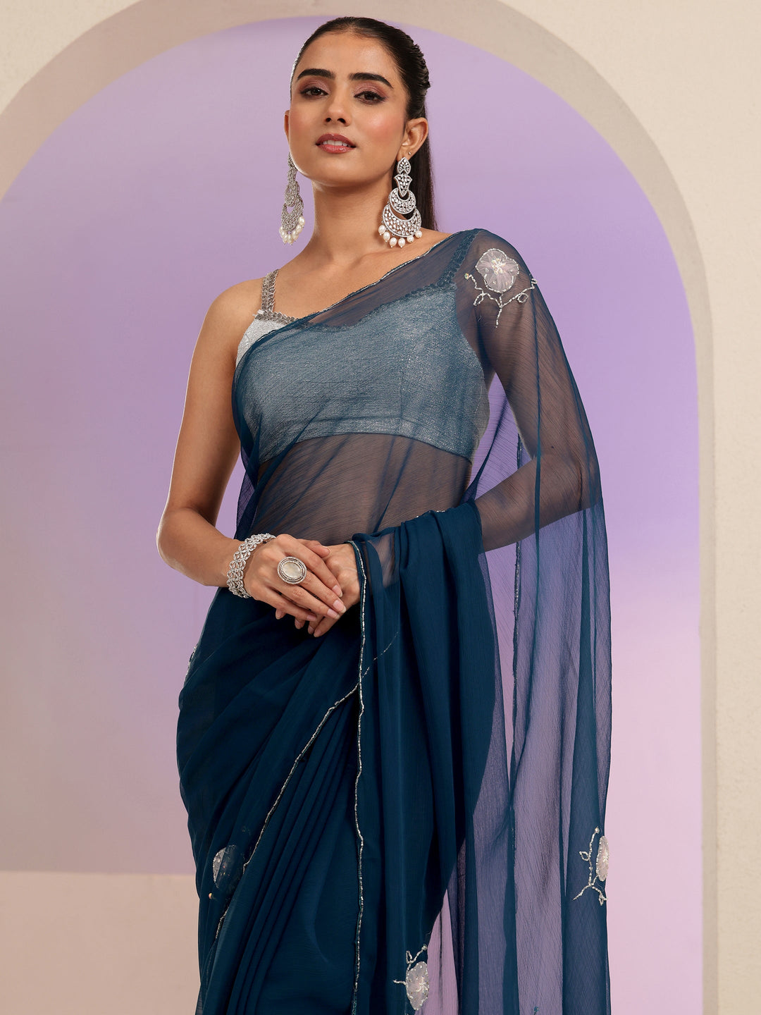 Libas Peacock Blue Floral Embellished Chiffon Saree