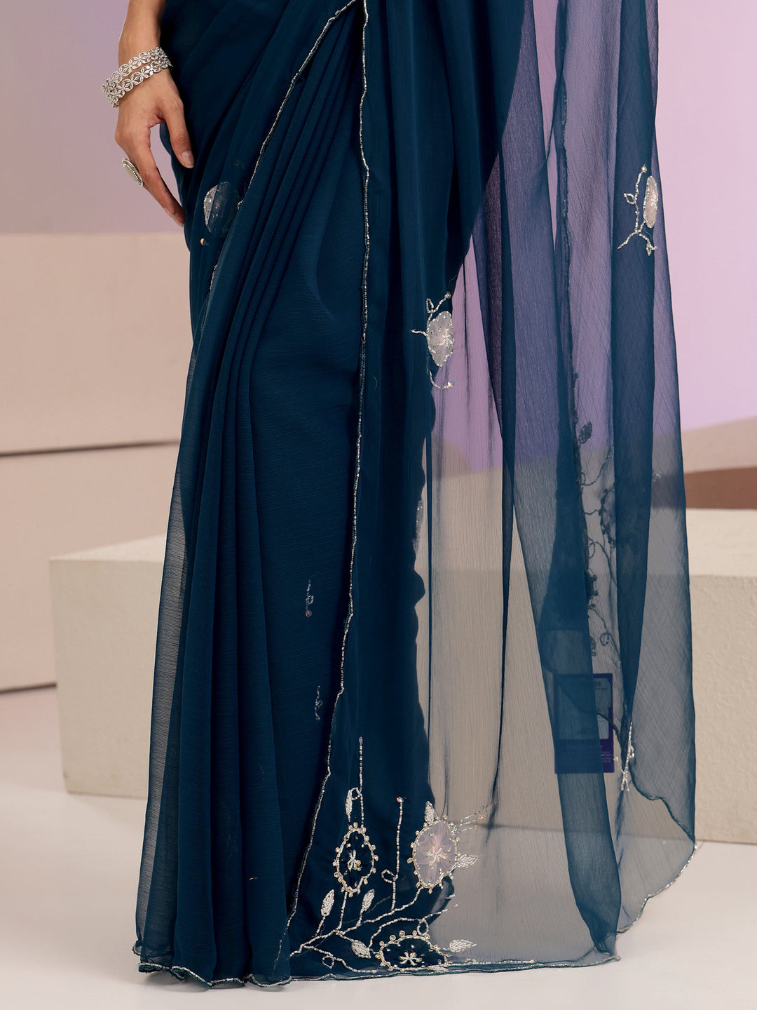 Libas Peacock Blue Floral Embellished Chiffon Saree