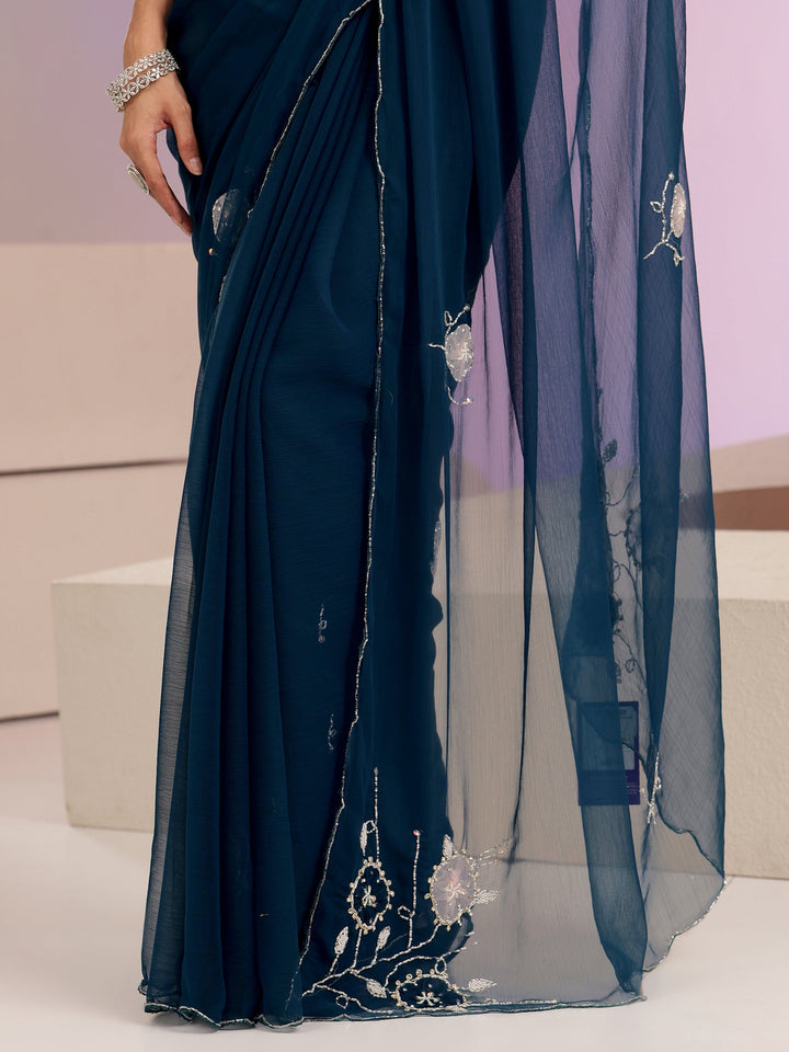 Libas Peacock Blue Floral Embellished Chiffon Saree