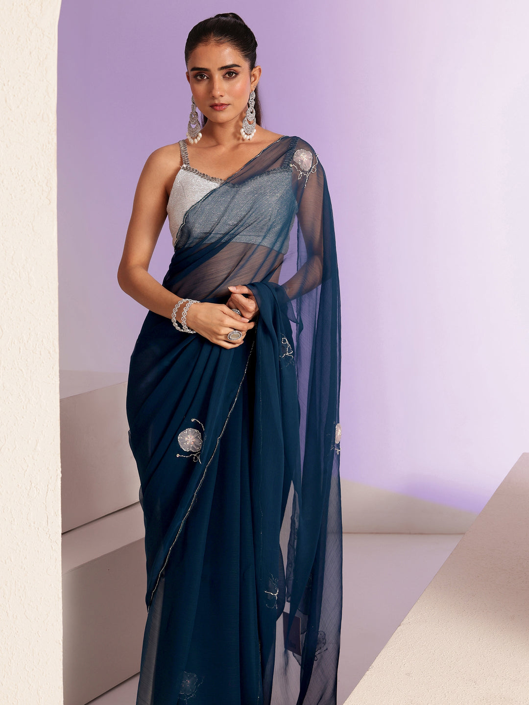 Libas Peacock Blue Floral Embellished Chiffon Saree