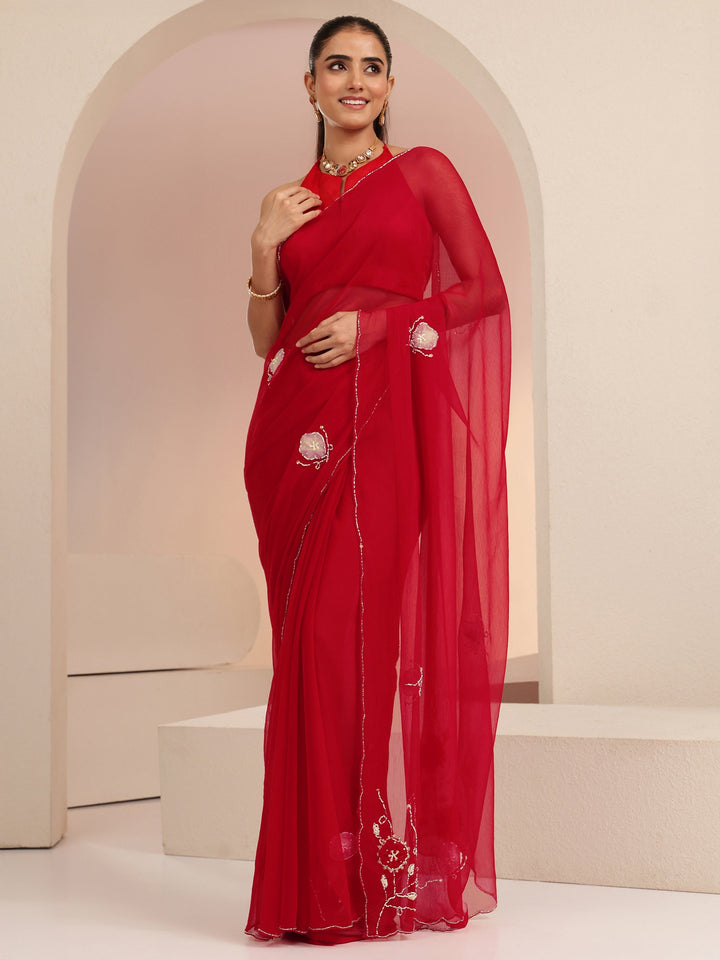 Libas Vermilion Red Floral Embellished Chiffon Saree