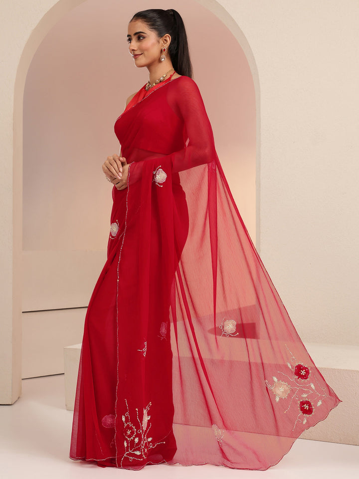 Libas Vermilion Red Floral Embellished Chiffon Saree