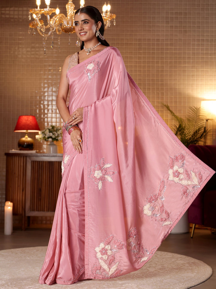 Libas Baby Pink Floral Embroidered Silk Blend Saree
