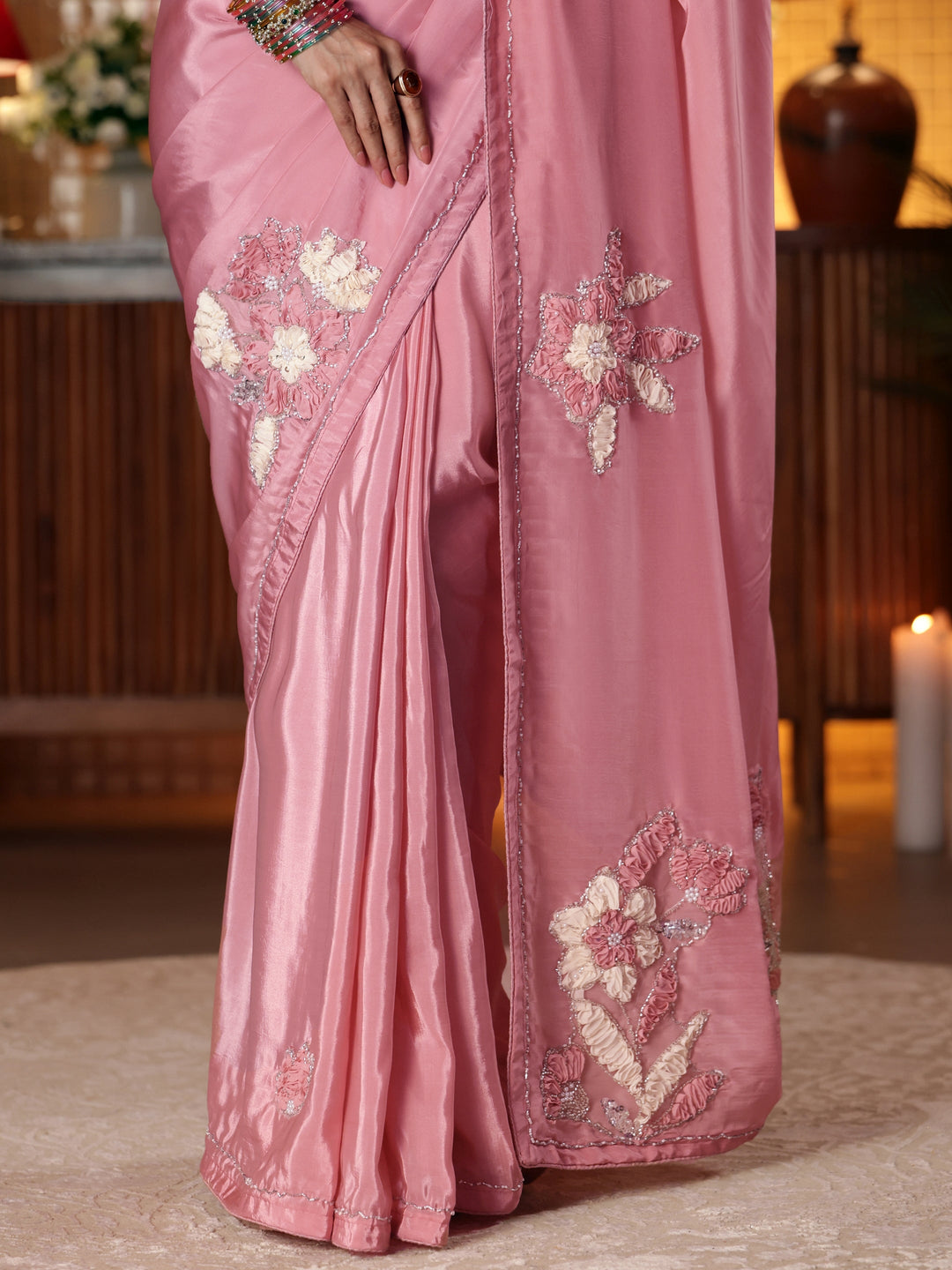 Libas Baby Pink Floral Embroidered Silk Blend Saree