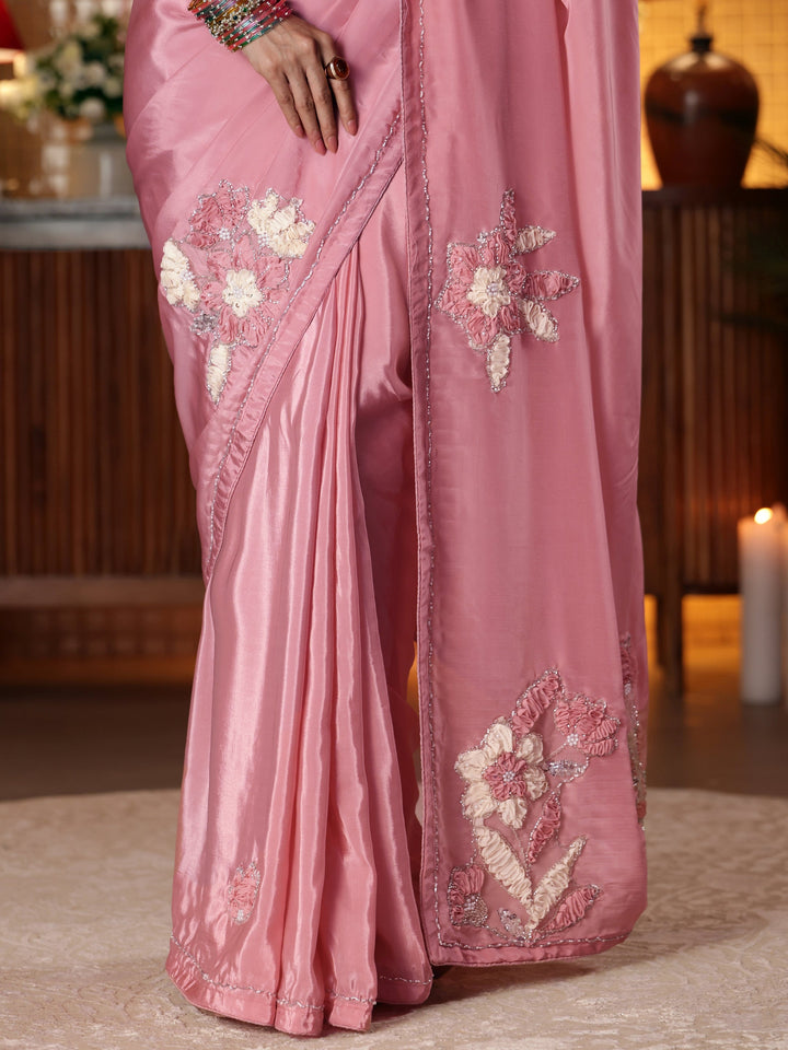 Libas Baby Pink Floral Embroidered Silk Blend Saree
