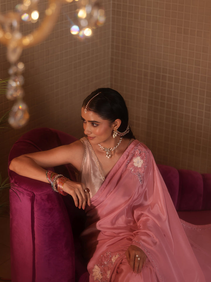 Libas Baby Pink Floral Embroidered Silk Blend Saree