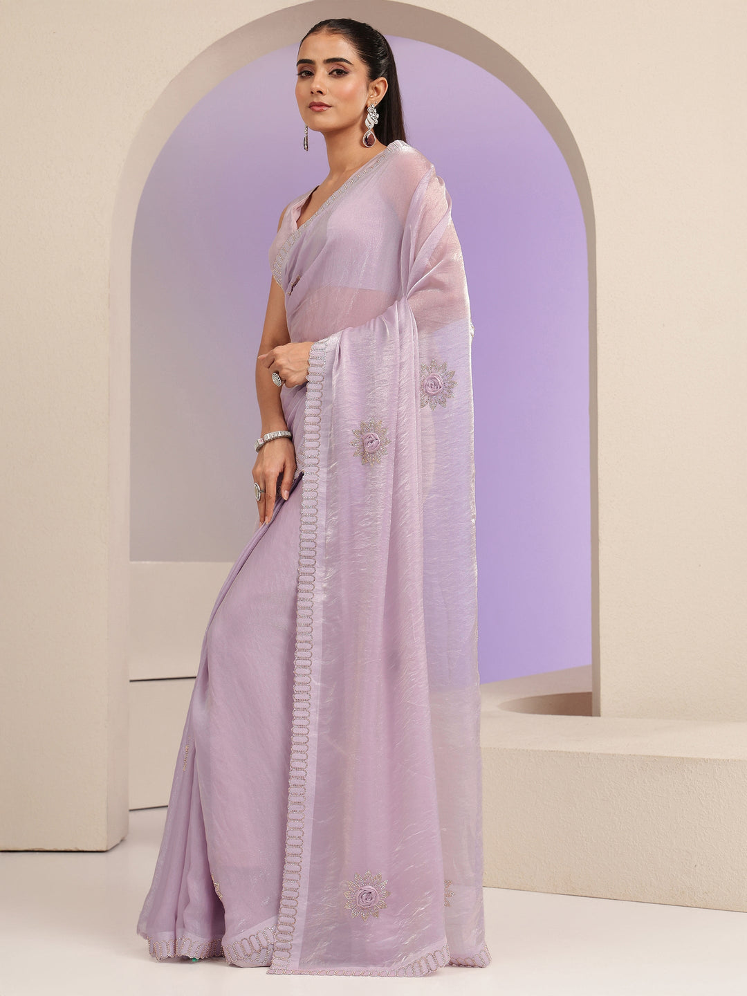 Libas Lavender Floral Embellished Silk Blend Saree