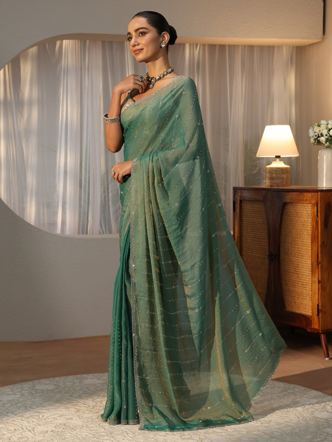 Sea Green Embellished Silk Blend Saree