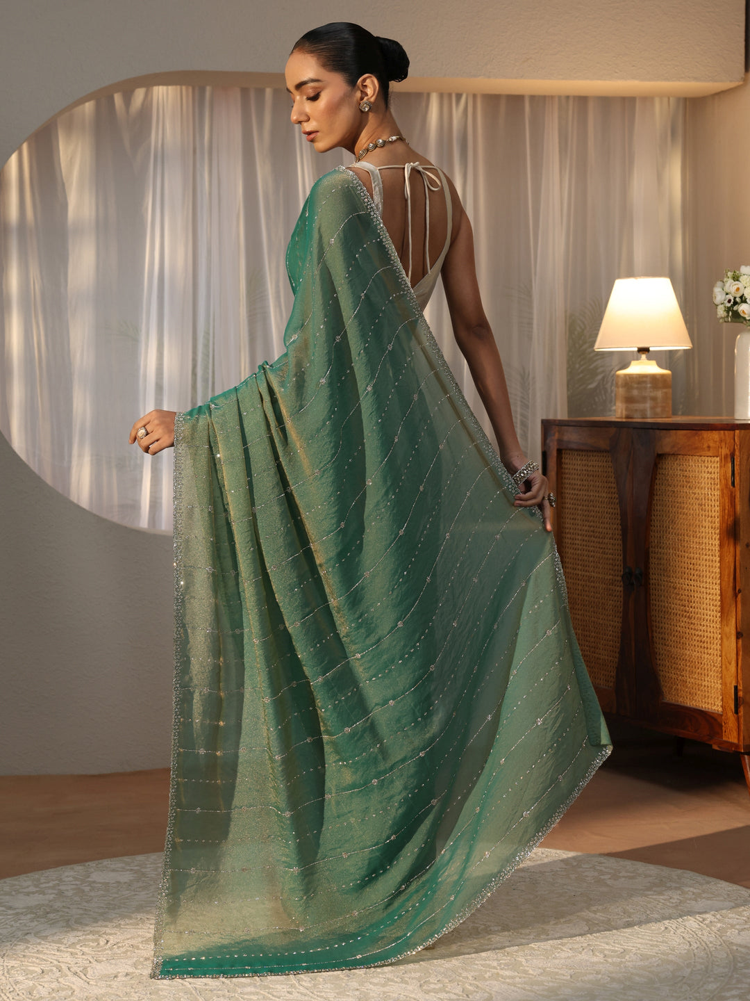 Sea Green Embellished Silk Blend Saree